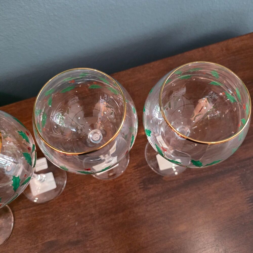 Lenox Christmas Wine Glasses Holiday Balloon Set of 4 Holly Berry Design 14 Oz - Picture 4 of 5